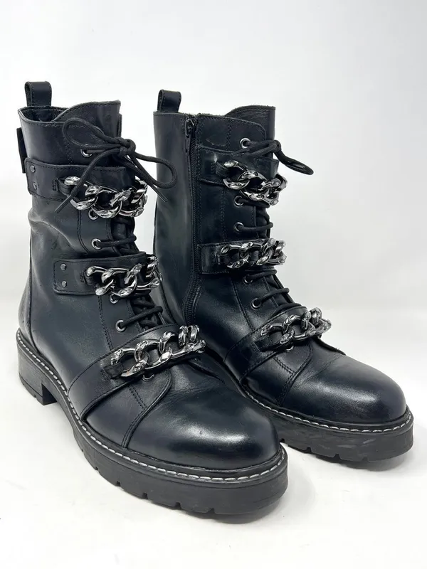 Kurt Geiger London Storm Chain Combat Moto Boots Black Leather EU 40.5 US 9.5 - Image 12