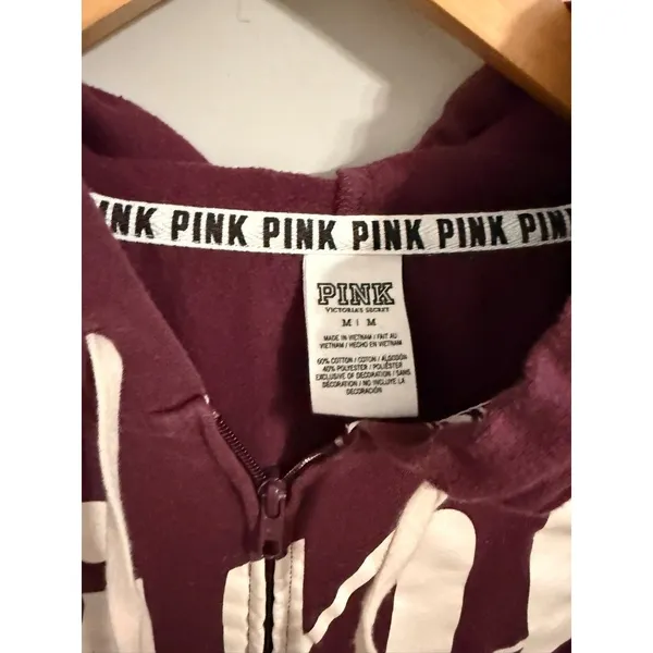 PINK Victoria's Secret Hoodie Women Medium Maroon‎ Full Zip Graphic Sweatshirt - Image 3