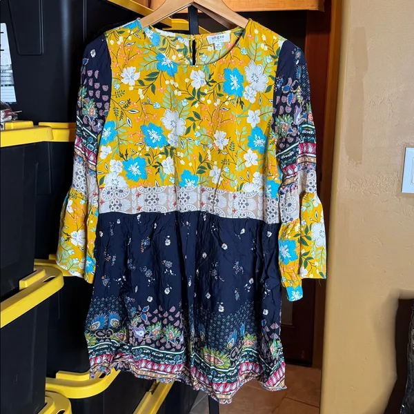 Umgee Yellow Floral Boho Patchwork Mini Dress Size Medium - Image 4