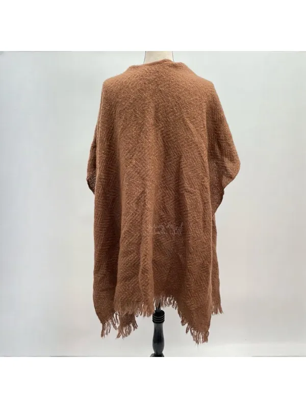 Vintage Cadaz Brown Acrylic Fringed Open Poncho Wrap Shawl Made In Japan - Image 3