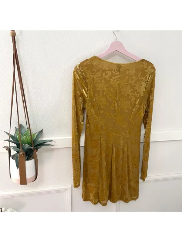 Free People Lotta Love Velvet Slip Mini Dress Size L Yellow 70s Boho Retro Indie - Image 6