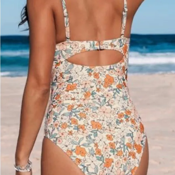 Cupshe Orange Ditsy Floral Cut Out Tummy Control One Piece Swimsuit Size L - Image 2