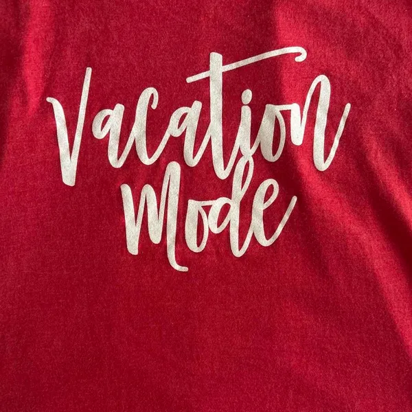 Red Tank Top with White Cursive Text Reading “Vacation Mode”, Men’s Size L - Image 2