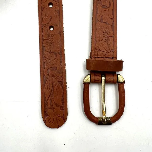 Tooled Leather Belt The Ritz Accessories Floral Motif Tan - Image 9