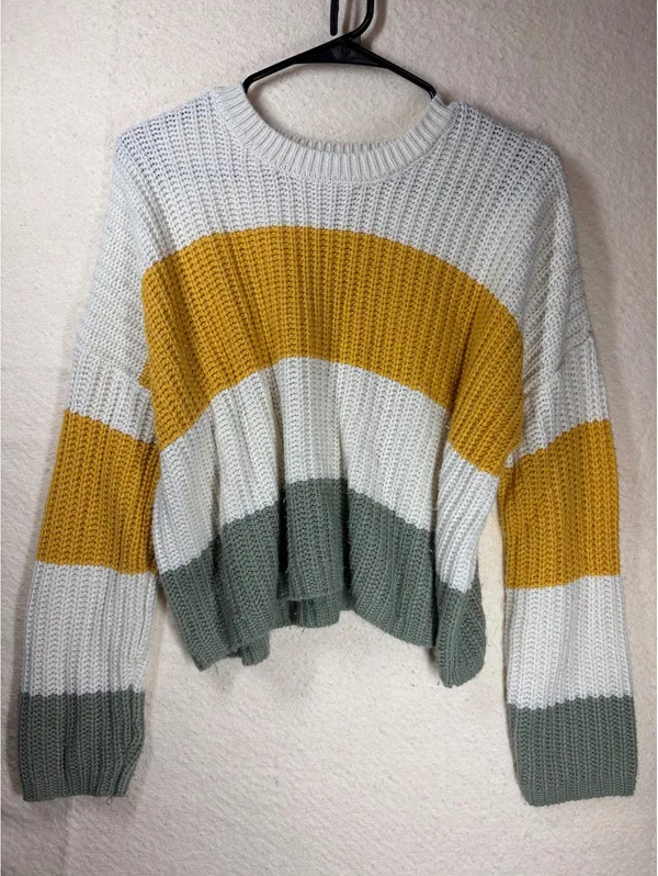 Sweater M White Mustard Sage Colorblock Chunky Knit Crew Neck Cropped - Image 4