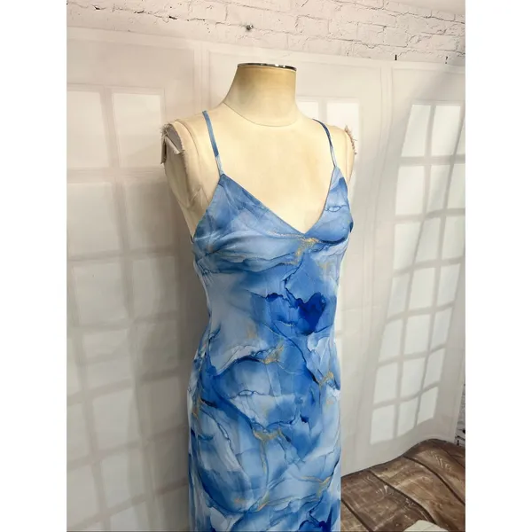 Lulu’s Bright Charm Blue Abstract Print Chiffon Slip Midi size medium - Image 6