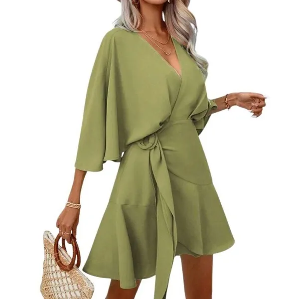 SheIn NEW Vacay Olive Green Ruffle Hem Wrap Mini Dress Large - Image 2