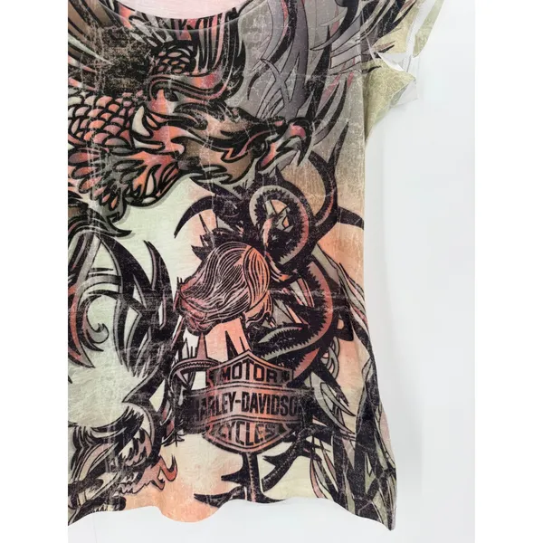Harley Davidson Graphic Tee Women M Orange Black Eagle Dragon Grunge Street Y2K - Image 7