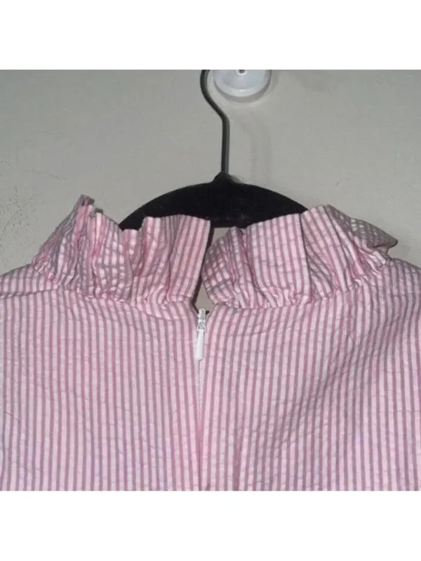Lilly Pulitzer Pink and White Seersucker Striped Ruffle Collar Dress - Image 9