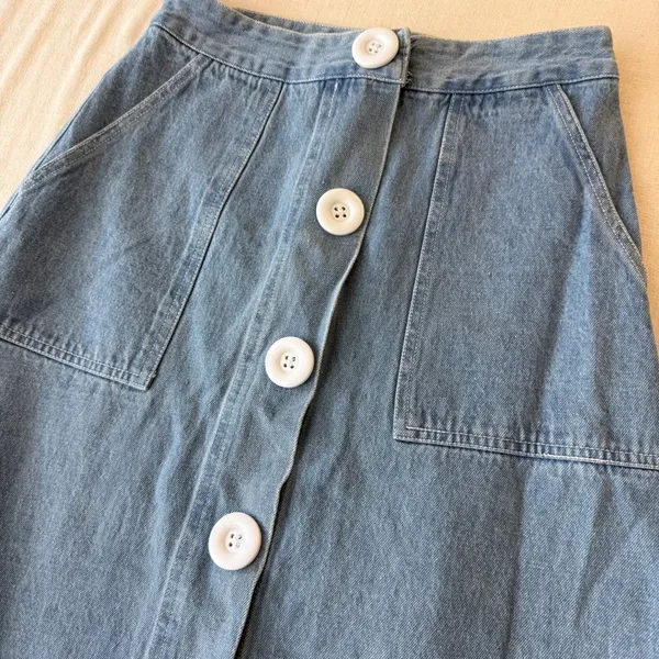 Retro Denim Maxi Skirt Womens Large Blue Button Front A-Line Boho - Image 8