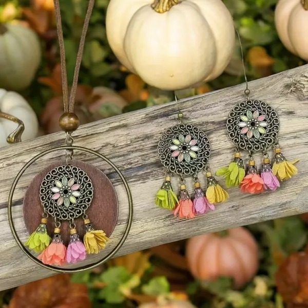 Boho Zinc Alloy Wood Retro Flower Design Tribal‎ Necklace & Earrings Set - Image 8