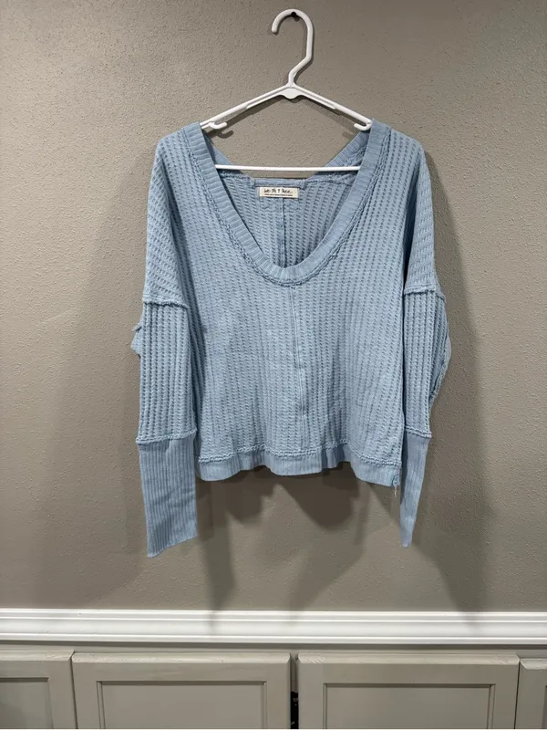 Free People Sky Blue Waffle V-Neck Long Sleeve Top - Image 4