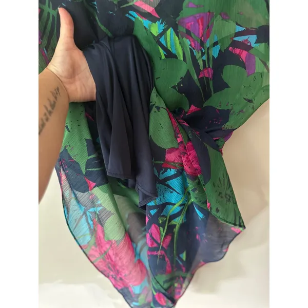 Express Women Green Tropical Floral Chiffon V-Neck Elastic Waist Mini Dress M - Image 6
