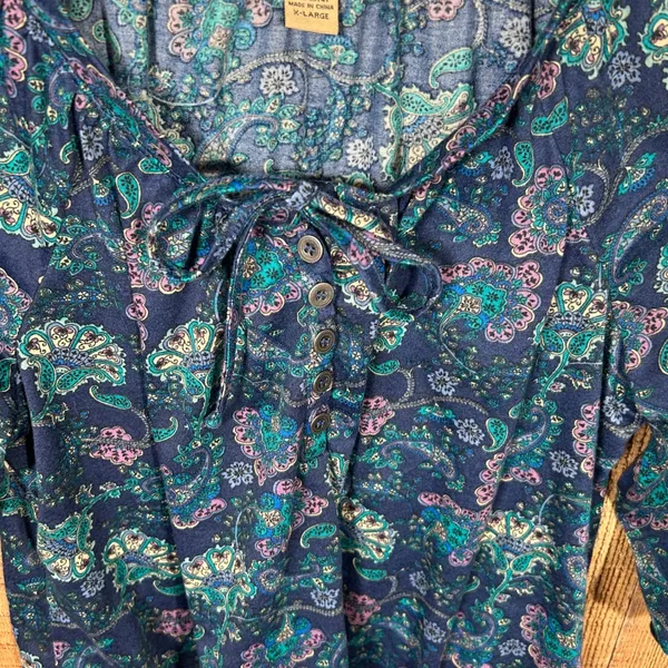 Blue Purple Paisley Peasant Blouse 3/4 Sleeve Boho Top Cottagecore Elastic Hem - Image 4