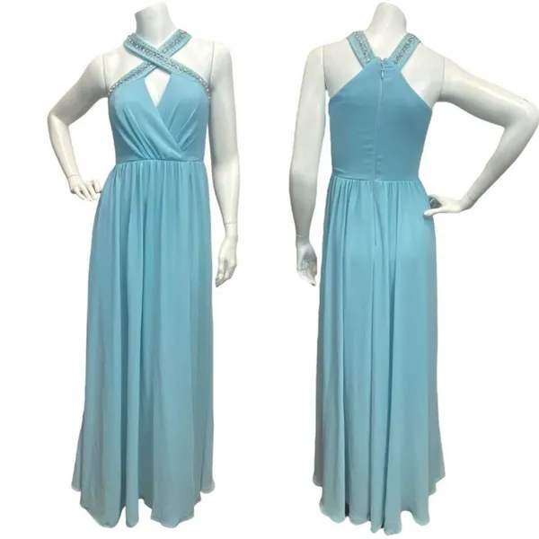 Lulus‎ Women's XS Beaded Twist Front Prom Blue Bridesmaid Chiffon Maxi Dress - Image 2
