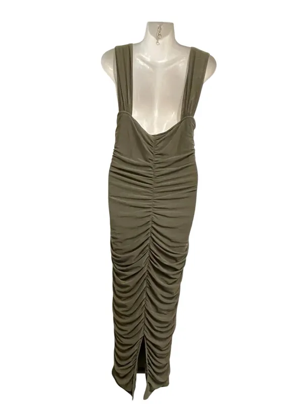 PRETTYGARDEN. Olive Green Ruched Bodycon maxi dress - Image 4