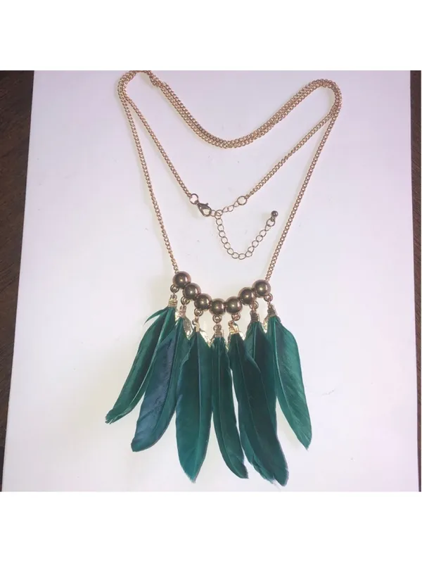 Gold Tone & Green Feather Beaded Boho Statement Necklace - Image 2