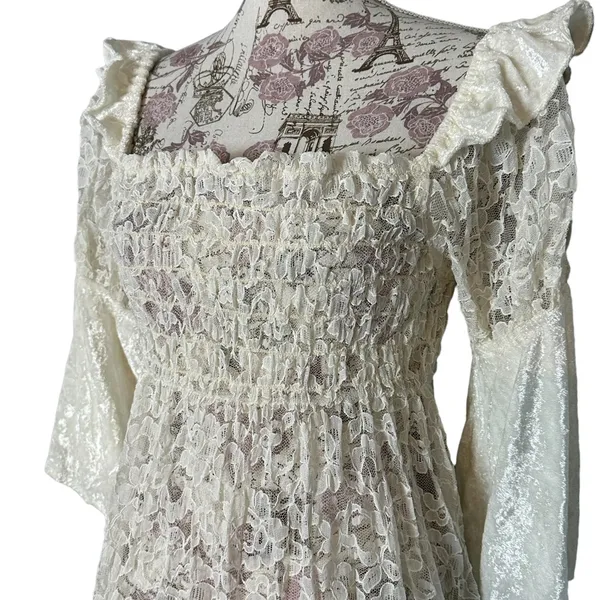 Vintage Cream Lace Velvet Victorian Cottagecore Dress Flare Sleeves Ruffle - Image 6