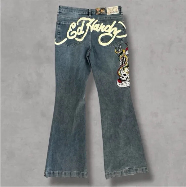 Ed Hardy Embroidered New York City Blue Denim Jeans Slim Flare - Image 4