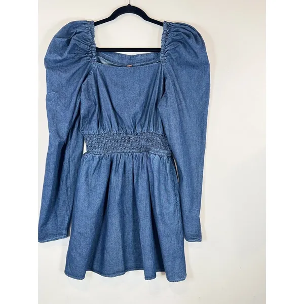 Free People Womens Dress Molly Mini Chambray Puff Sleeve Smocked A Line Large - Image 6