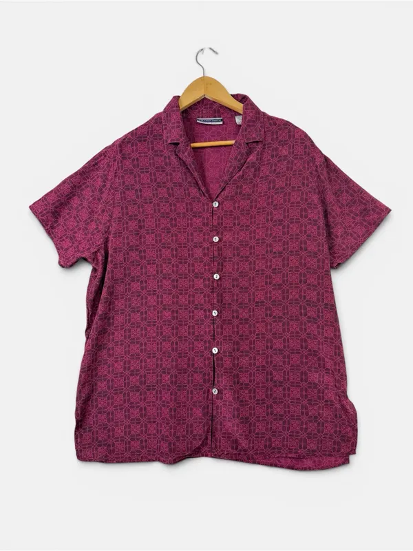 Amanda Smith Silk Button Up Top Large Burgundy Floral Lightweight Short Sleeves - Image 2