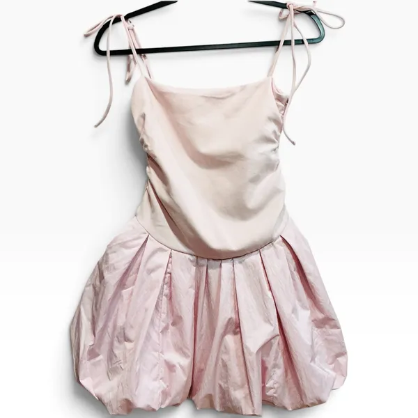 Free People Genevieve Mini Dress Pink Bubble Skirt Tie Shoulder XS Balletcore - Image 3