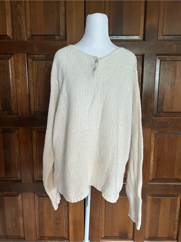 Vintage‎ L.L. Bean Sweater Womens Large Cream Henley Cotton Knit USA Made 90s - Image 2