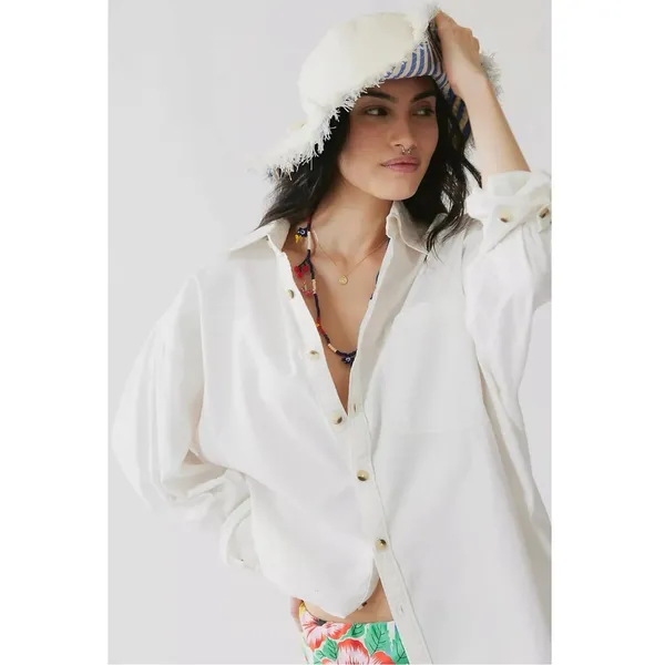 Free People Bohemian Preppy Oversized Happy Hour Solid Poplin Top White Medium - Image 8