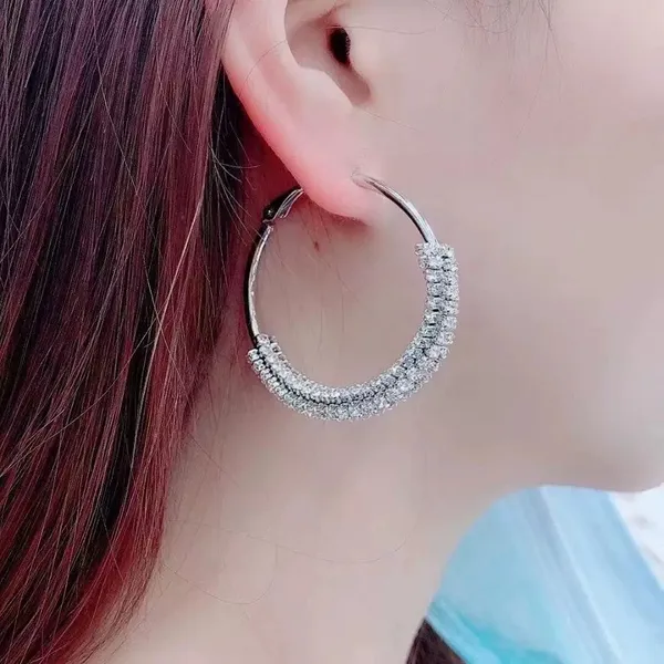 Women's Twisted Rhinestones Silver Hoop Earrings - Image 2