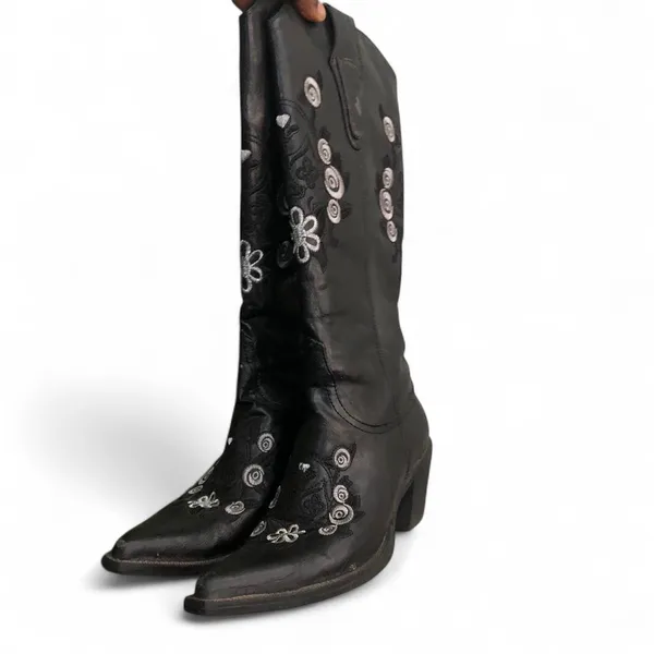 Black White Embroidered Floral cowboy western boho leather boots pointed toe mid calf #hippie #indie #gothic #fairycore-US Women 6 - Image 2