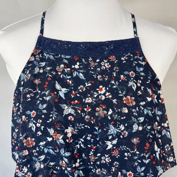 Abercrombie & Fitch Tank Sz S Navy Sheer Floral Ruffled Lace Trim Racerback - Image 2