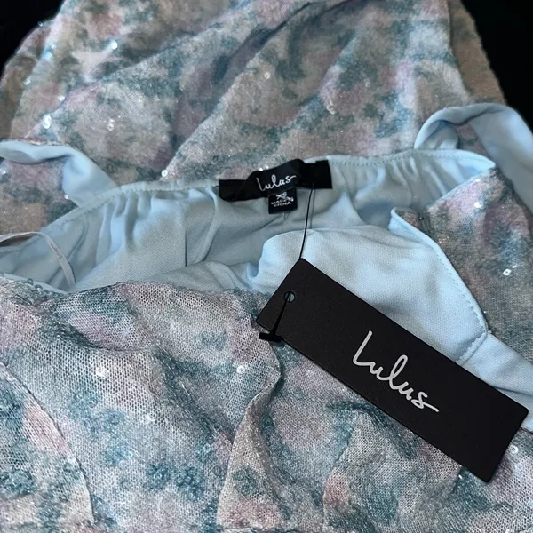 Lulus NWT Glistening Beauty Light Blue Floral Sequin Tie-Front Midi Dress - Image 7
