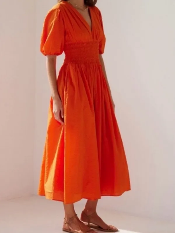 AYR Extra Extra Midi Dress Cara Orange Smocked Waist Tiered Cotton Size Small - Image 13