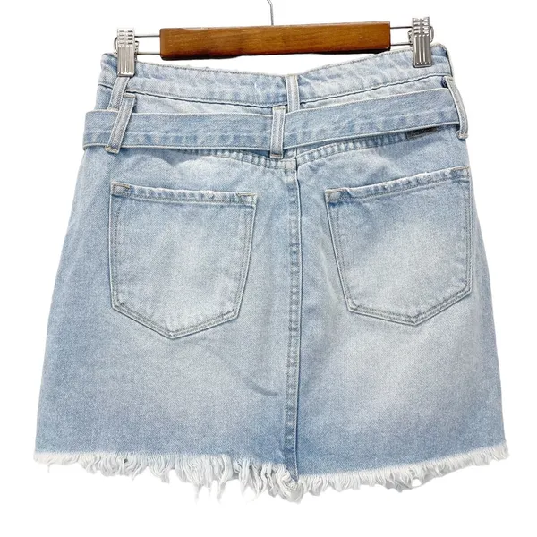 KanCan Denim Mini Skirt Womens Medium Distressed Light Wash Belted Indie‎ Boho - Image 3