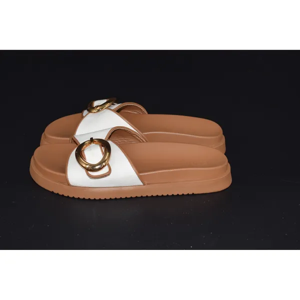 Steve Madden Slide Sandals Womens White Tan Gold Buckle Size 9.5 Canvas Slip - Image 3