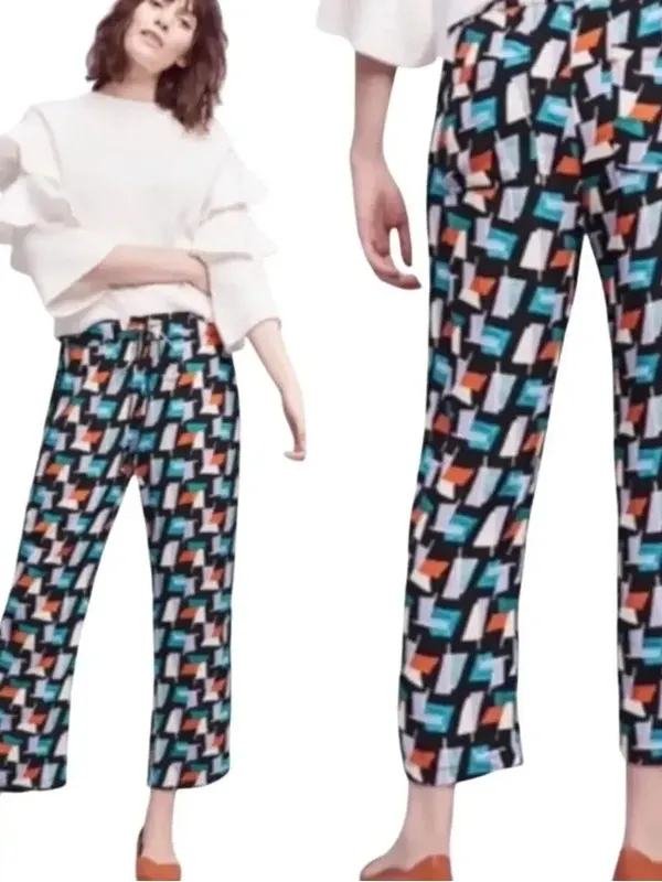 Anthropologie Hei Hei Ginza Geometric Print Pull On Crop Pants Black Blue Size M - Image 2