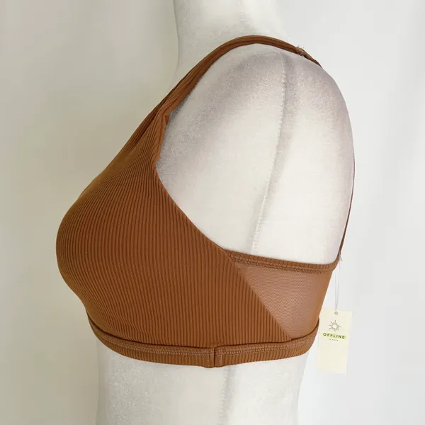 New Aerie Offline Ribbed Plunge Double Strap Mesh Back Sports Bra Brown Size Small - Image 5