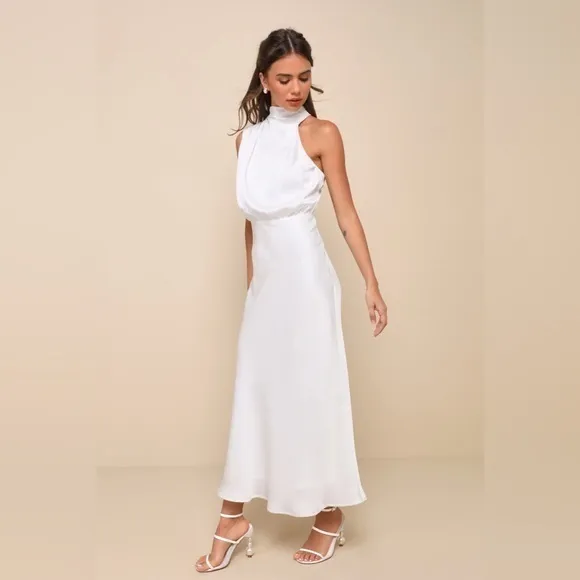 NEW LULUS Distinctive Charm White Satin Asymmetrical Midi Dress SZ XS - Image 5