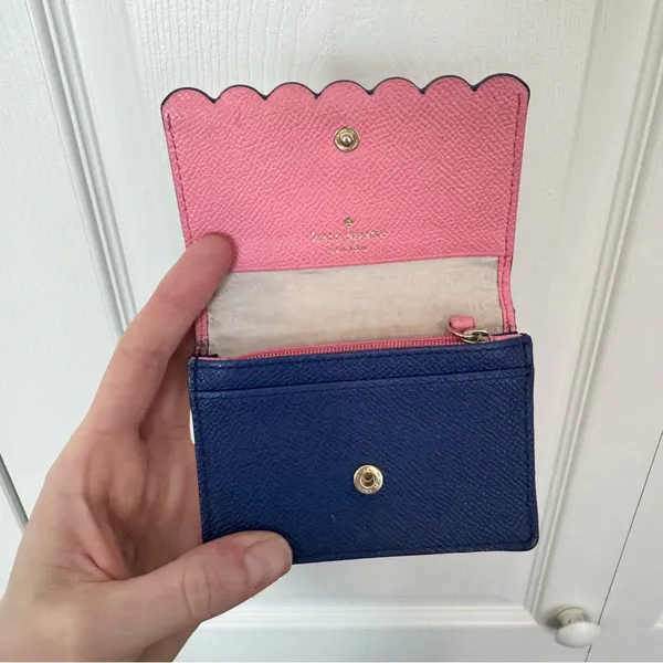 Kate Spade Navy Textured Wallet with Scalloped Edge, Pink interior. - Image 8