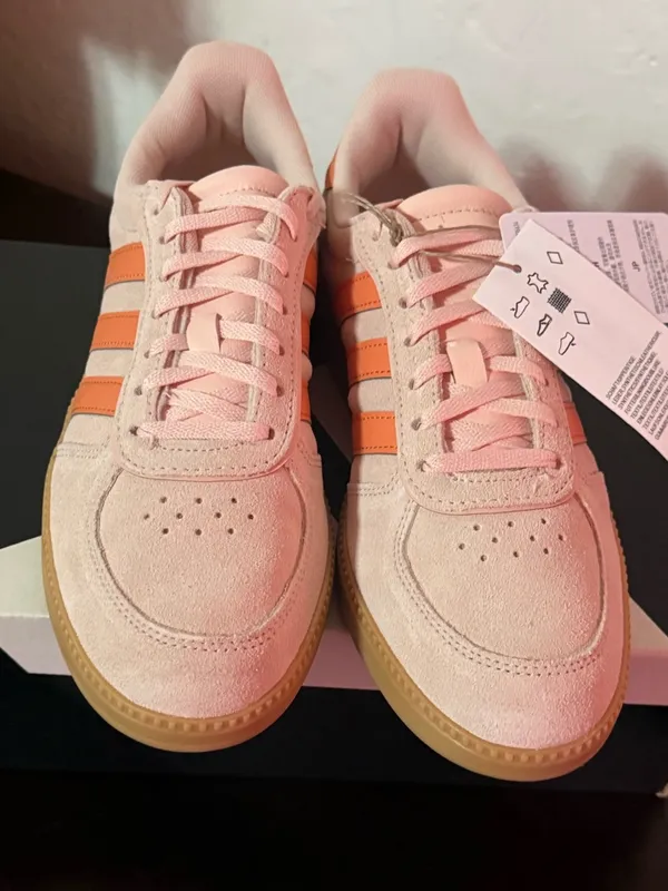 adidas Pink Suede Sneakers with Orange Stripes and Gum Sole - Image 3