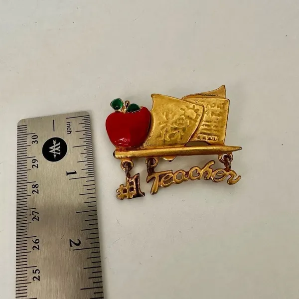 OAJC vintage teacher red apple gold tone brooch - Image 5