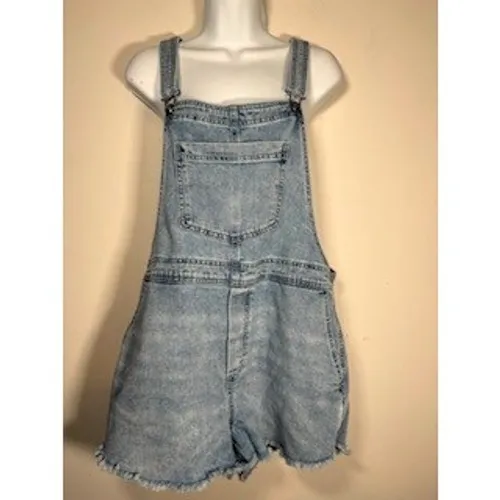 AERIE Denim Shortalls Med Blue Light Wash Raw Hem Boho Summer Overalls Y2K Beach - Image 3