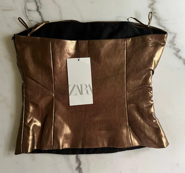 ZARA Metallic Bronze Ruched Tapered Strapless Top - Image 10