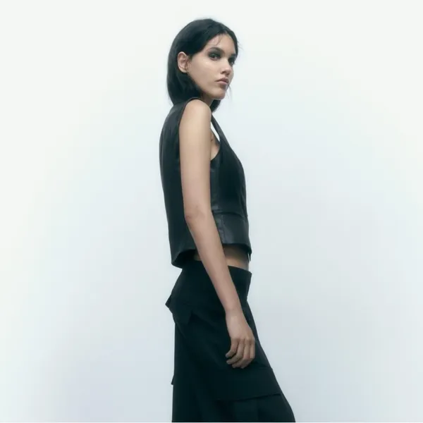 Zara Black Faux Leather Button Up Vest - Image 5