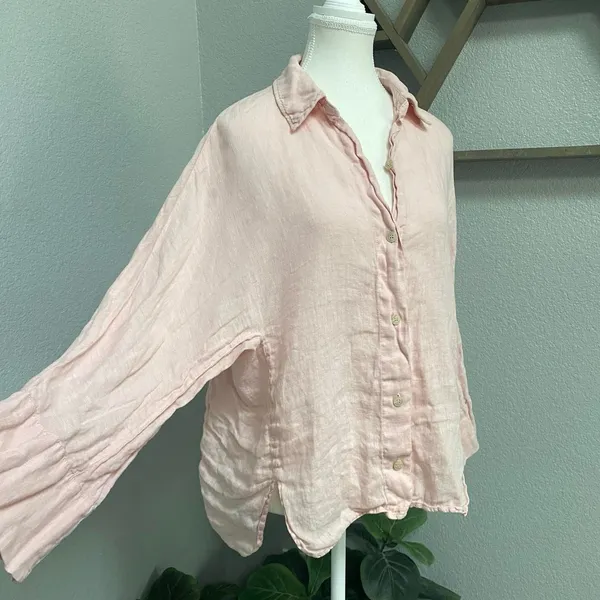 Zara Pink Button Down Shirt Collared Long Sleeve Front Slit Hem 100% Linen - Image 2
