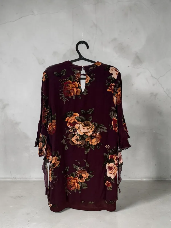 Blu Pepper Burgundy Floral V-Neck Mini Dress with Bell Sleeves‎ - Image 4
