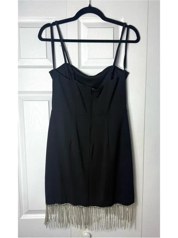 Trixxi Black Silver Rhinestone Chain Fringe Mini LBD Dress Size Large - Image 8