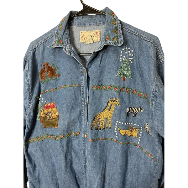 Vintage 90s BSA Embroidered Denim Shirt Noah's‎ Ark Animal Print Medium - Image 3