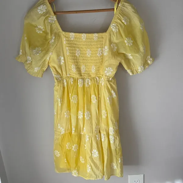 Dee Elly Yellow White Daisy Smocked Puff Sleeve Mini Babydoll Dress - Image 5