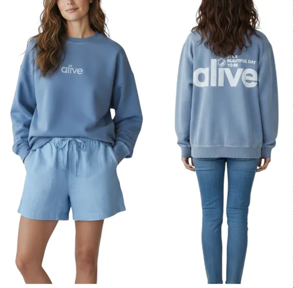 ALIVE Beautiful Day Crewneck Pullover Women M Sky Blue Unisex Oversize Stylish - Image 2
